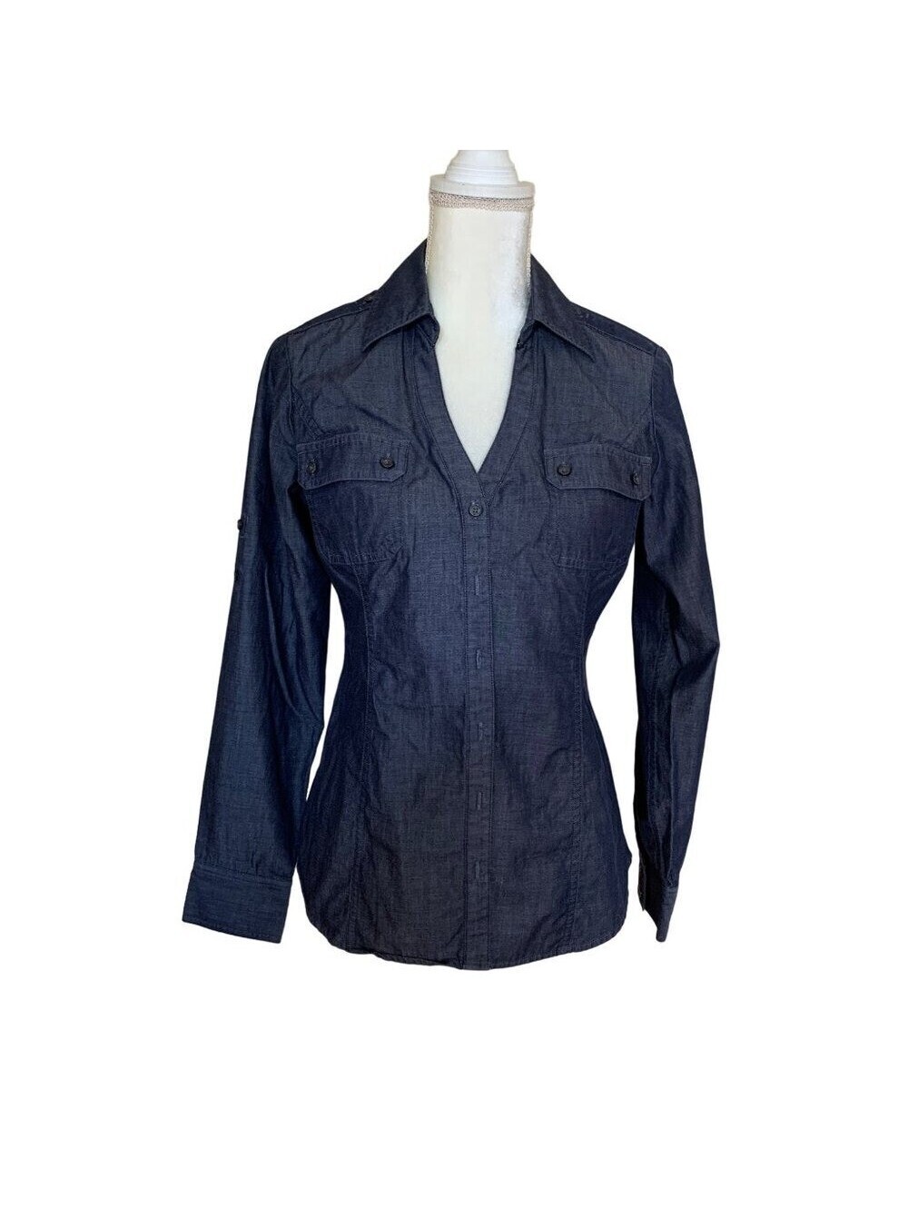 Express Design Studio Womens Dark Wash Chambray Denim Button Down Shirt Size M